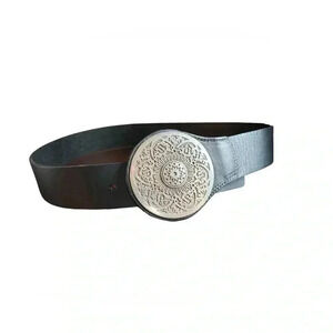 Chico’s black leather belt large round silver ornate coin style buckle